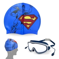 Kit Touca Infantil Personagem Super-homem Liga da Justia + Oculos de Natao com Protetor de Ouvido para Praia