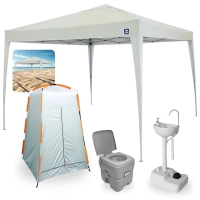 Kit Tenda Articulada Bege 3x3m + Barraca Trocador Portatil + Lavatorio Pia Portatil + Porta Potti 20 Lts