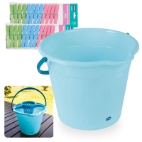 Kit Balde 12 Litros com Suporte Espremedor Removvel para Panos + 24 Prendedores de Roupas Coloridos