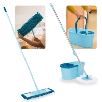 Kit Esfrego Mgico Mop Limpeza Pratica Retrtil Microfibra + Esfrego Mop Azul 13 Litros Balde Centrifuga