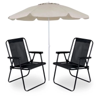 Kit 2 Cadeiras de Praia Pretas + Guarda Sol Bege 2 Metros em Bagum para Casa, Jardim, Parque