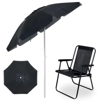 Kit Cadeira de Praia Preta + Guarda Sol 2 Metros Articulado em Bagum para Casa, Jardim e Parque