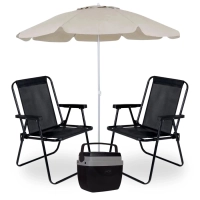 Kit 2 Cadeiras de Praia Pretas + Guarda Sol Bege 2 Metros em Bagum + Caixa Termica 12 Litros
