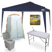 Kit Tenda Articulada 3x3m X-flex Azul + Pia Porttil Mesa Dobravel Sink + Porta Potti 20 L + Barraca Trocador Pampa