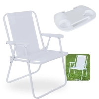 Kit Cadeira de Praia Alta Branca Dobravel em Ao Suporta 110 Kg + Mesa Porttil Porta Copos