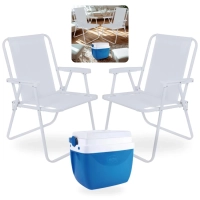 Kit 2 Cadeiras de Praia Brancas + Caixa Termica Azul 12 Litros para Parque, Jardim e Passeios