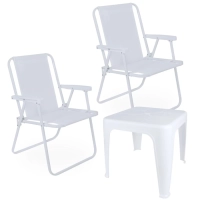 Kit 2 Cadeiras de Praia Brancas + Mesa de Apoio Pequena Branca Multiuso para Casa, Jardim, Varanda