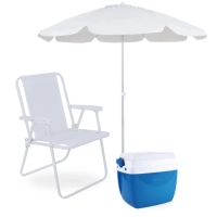 Kit Cadeira de Praia Branca + Guarda Sol 2 M em Bagum + Caixa Termica 18 L para Casa, Jardim e Parque