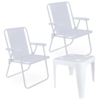 Kit 2 Cadeiras de Praia Brancas + Mesa de Apoio com Porta-copos Pequena Branca Multiuso para Casa, Jardim