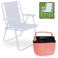 Kit Cadeira de Praia Branca Dobravel Suporta 110 Kg + Caixa Termica Rosa 12 Litros Mor