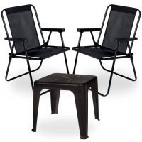Kit 2 Cadeiras Pretas Dobrveis Suporta Ate 110kg + Mesa de Apoio Pequena para Jardim Varanda Decorao Casa