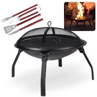 Kit Churrasco 4 Peas Garfo Faca Pegador e Esptula + Churrasqueira Fogueira Brasa Porttil em Ao a Carvo