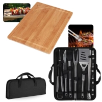 Kit para Churrasco 16 Peas em Inox Premium com Estojo + Tabua de Corte Carne em Bambu Retangular 35 Cm