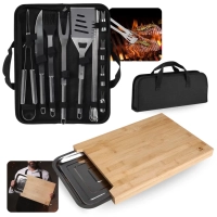 Kit para Churrasco 16 Peas em Inox Premium com Estojo + Tbua de Corte Carne em Bambu 40 Cm com Gaveta