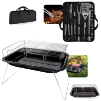 Kit para Churrasco 16 Peas em Inox Premium com Estojo + Churrasqueira Porttil Braseiro 3 Espetos e 1 Grelha