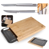 Kit Churrasco Tbua de Carne Corte 40cm Bambu e Gaveta Inox + 2 Peas Faca e Pegador em Ao Inox