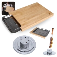 Kit Churrasco Tbua de Carne Corte 40cm Bambu e Gaveta Inox + Suporte Espeto 5 Furos em Mdf e Aluminio