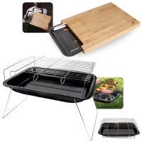 Kit Churrasqueira Porttil Braseiro 3 Espetos e 1 Grelha + Tbua de Carne Corte 40cm Bambu e Gaveta Inox
