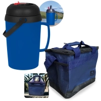 Kit Garrafa Termica 2,5 Lts com Bico Flip Azul + Bolsa Termica Aruba 13,5 Lts Colorida com Ala