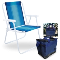 Kit Cadeira de Praia Alta Dobravel em A�o Colorida + Bolsa Termica Aruba 13,5l Parque Pesca