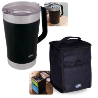 Kit Jarra Termica Preta 1,9l Ao Inox com Tampa + Bolsa Termica 5l Compacta Camping Passeio e Viagens