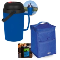 Kit Garrafa Termica 2,5 Lts com Bico Flip Azul + Bolsa Termica 5l Compacta Camping Pesca e Passeios