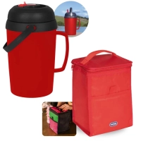 Kit Garrafa Termica 2,5 Lts com Bico Flip Vermelho + Bolsa Termica 5l Compacta Camping Pesca e Passeios
