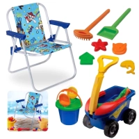 Kit Cadeira de Praia Infantil Patrulha Canina Azul + Baldinho Areia, Pazinha, Rastelo Brinquedo de Areia