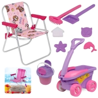 Kit Cadeira de Praia Infantil Rosa Patrulha Canina + Baldinho, Pazinha, Rastelo Brinquedos de Areia
