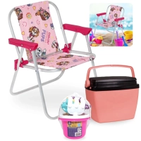 Kit Cadeira de Praia Infantil Rosa Patrulha Canina + Baldinho de Praia Colorido + Caixa Termica 6 L Rosa