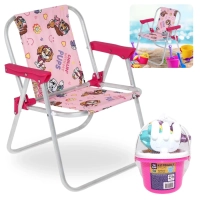 Kit Cadeira de Praia Infantil Rosa Patrulha Canina + Baldinho de Praia / Brinquedo de Praia com 8 Peas Rosa