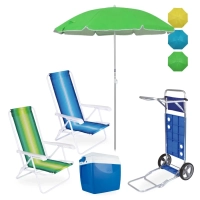 Kit 2 Cadeiras de Praia 4 Pos Ao + Carrinho com Avano + Guarda Sol 1,60m + Caixa Termica 26 L