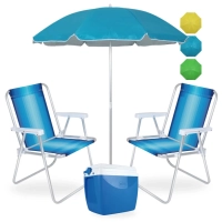 Kit 2 Cadeiras de Praia em Aluminio + Caixa Trmica Azul 18 Lts + Guarda Sol 1,60 M Colorido