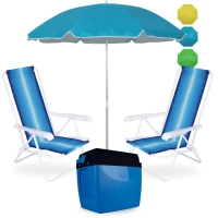 Kit 2 Cadeiras 4 Pos em Ao + Guarda Sol 1,60 M Colorido + Caixa Termica 26l Azul e Preta