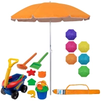 Kit Carrinho Brinquedo de Praia Areia com Baldinho, Pazinhas e Forminhas + Guarda Sol 1,60m Aluminio Colorido