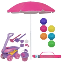 Kit Carrinho Brinquedo de Praia Areia Baldinho, Pazinhas e Forminhas Rosa + Guarda Sol 1,60m Aluminio Colorido