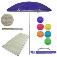 Kit Esteira de Praia 1,80m Roxa de Palha + Guarda Sol 1,60m Aluminio Colorido Passeio Parque