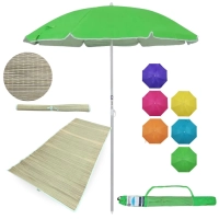 Kit Esteira de Praia 1,80m Verde de Palha + Guarda Sol 1,60m Aluminio Colorido Passeio Parque