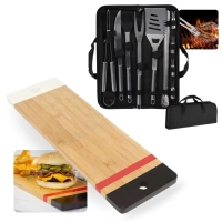 Kit Funcional Tabua Bamboo Retangular 48,3 Cm Corte Carne + Conjunto 16 Peas para Churrasco Cozinha