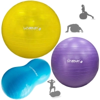 Kit Bolas Premium Pilates Roxa 55 Cm + Feijao 90 Cm + Amarela 75 Cm + Bomba Inflar Treino Academia