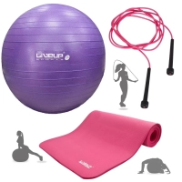 Kit Bola Anti Estouro Pilates Roxa 55cm+ Bomba Inflar+ Colchonete Rosa 1,80m+ Corda Pular Treino Yoga