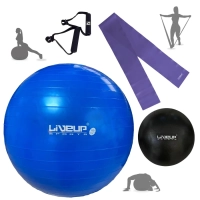 Kit Bola Premium Azul 65 Cm + Faixa Elastica Media + Overball 25cm + Bomba Inflar + Pegador Academia