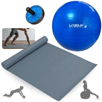 Kit Bola Premium Azul 65 Cm Pilates + Colchonete 1,73 M + Bomba Inflar + Rodinha Abdominal Treino