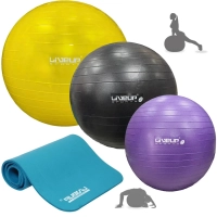 Kit Bolas Suas Pilates Roxa 55cm+ Preta 65cm+ Amarela 75cm+ Bomba Inflar+ Tapete Azul 1,80m Treino