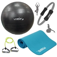 Kit Bola Pilates Preta 65cm+ Tapete 1,80m+ Anel Fortalecedor + Extensor Elstico Media+ Bomba Inflar