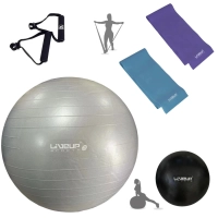 Kit Bola Pilates Cinza 85cm+ Faixas Elsticas 2 Tenses+ Puxador+ Overball 25cm+ Bomba Inflar Treino