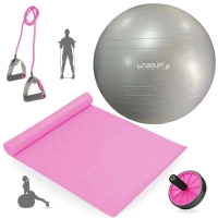 Kit Bola Pilates Cinza 85cm + Tapete 1,73m + Rodinha Abdominal+ Elstico Extensor Leve+ Bomba Inflar