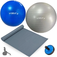 Kit Bolas Pilates Azul 65cm + Cinza 85cm + Bomba Inflar+ Rodinha Abdominal Treino+ Colchonete 1,73,m