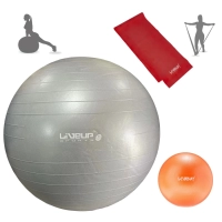 Kit Bola Su��a Pilates Yoga Cinza 85cm + Overball 25cm + Faixa El�stica Leve + Bomba Inflar Academia