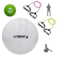 Kit Bola Sua Yoga Branca 65cm + Mini Bola de Peso 2 Kg + Extensores Elsticos 2 Tenses Exerccios